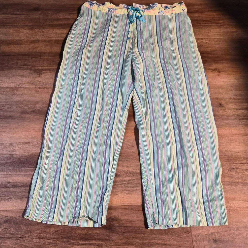 Willow Wear Pajama Pants Womens XL Blue Green Striped Cotton Lounge Wide Leg XL